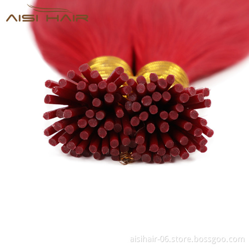 Aisi Hair 10A Unprocessed Red Human Hair Pre Bonded Keratin Double Drawn I Tip Human Hair Extension For Women